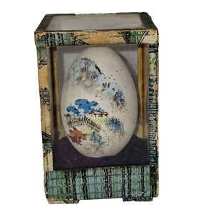 Antique Egg In Glass&Wooden Display Case Asian Handpainted
